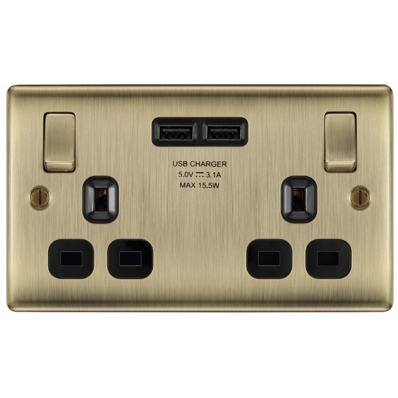 BG Antique Brass USB 13A DP Switched Socket 2 Gang + 2 USB (3.1A)
