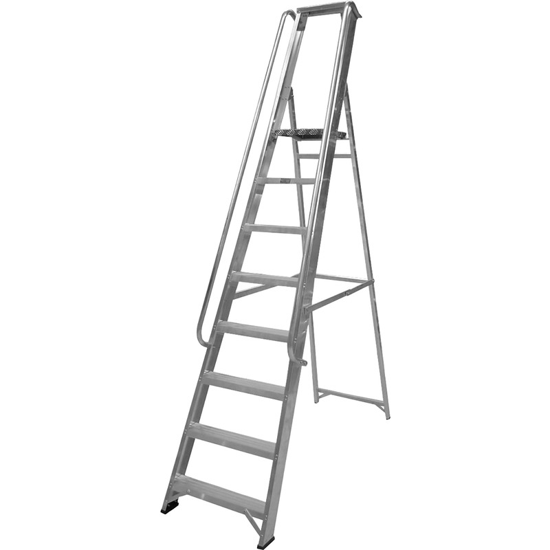 Lyte Industrial Platform Aluminium Step Ladder With Safety Handrail, 8 Tread, Closed Length 2.55m