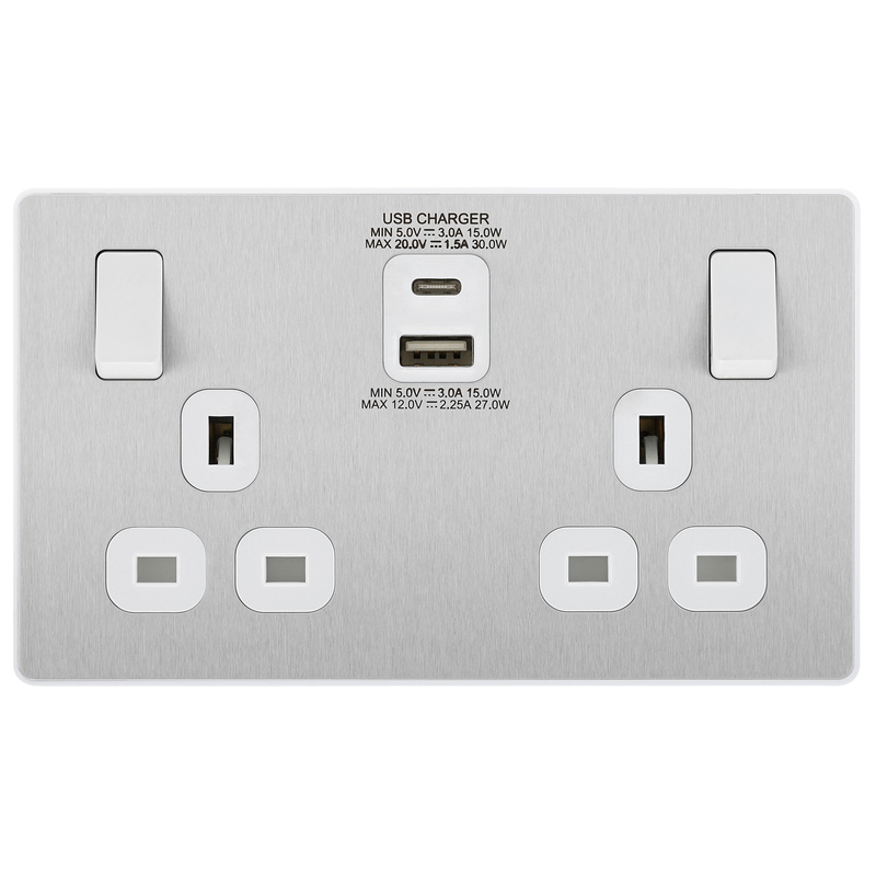 BG Evolve Brushed Steel (White Ins) Double Switched 13A Power Socket + Usb C 30W + Usba (2.1A)