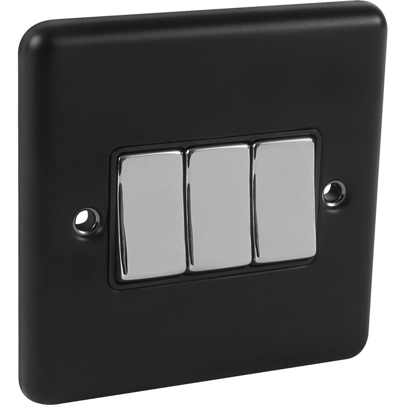 Wessex Matt Black Chrome Switch 3 Gang 2 Way