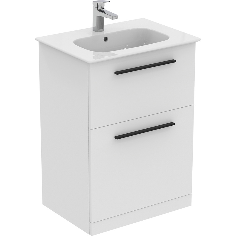 Ideal Standard i.life A Double Drawer Floor Standing Vanity Unit with Basin Matt White 600mm with Matt Black Handles