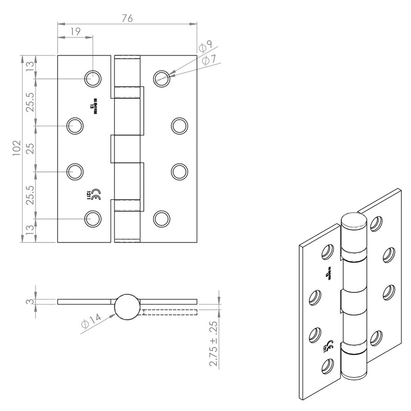 Eurospec British Standard Ball Bearing Hinge Grade 13 Stainless Brass