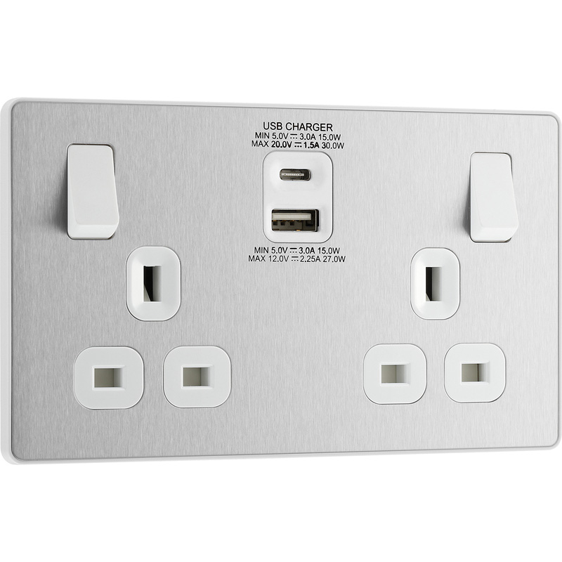 BG Evolve Brushed Steel (White Ins) Double Switched 13A Power Socket + Usb C 30W + Usba (2.1A)