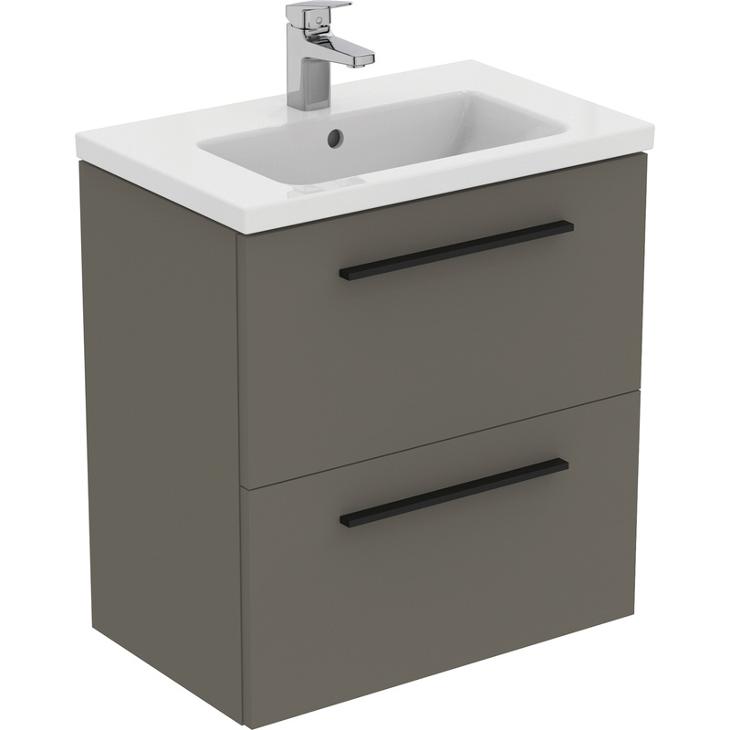 Ideal Standard i.life S Compact Wall Hung Vanity Unit with Basin Matt Quartz Grey 600mm with Matt Black Handles