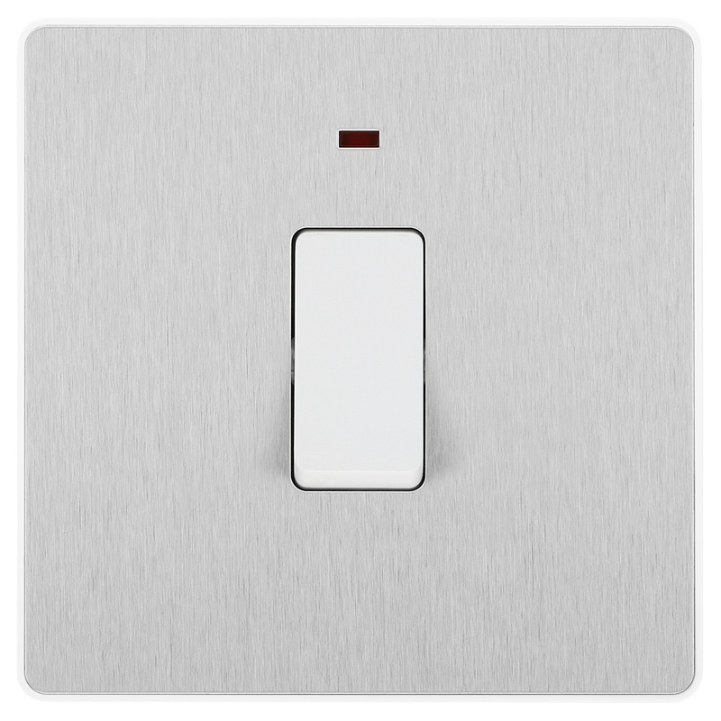 BG Evolve Brushed Steel (White Ins) 20A Switch, Double Pole With Power Led Indicator