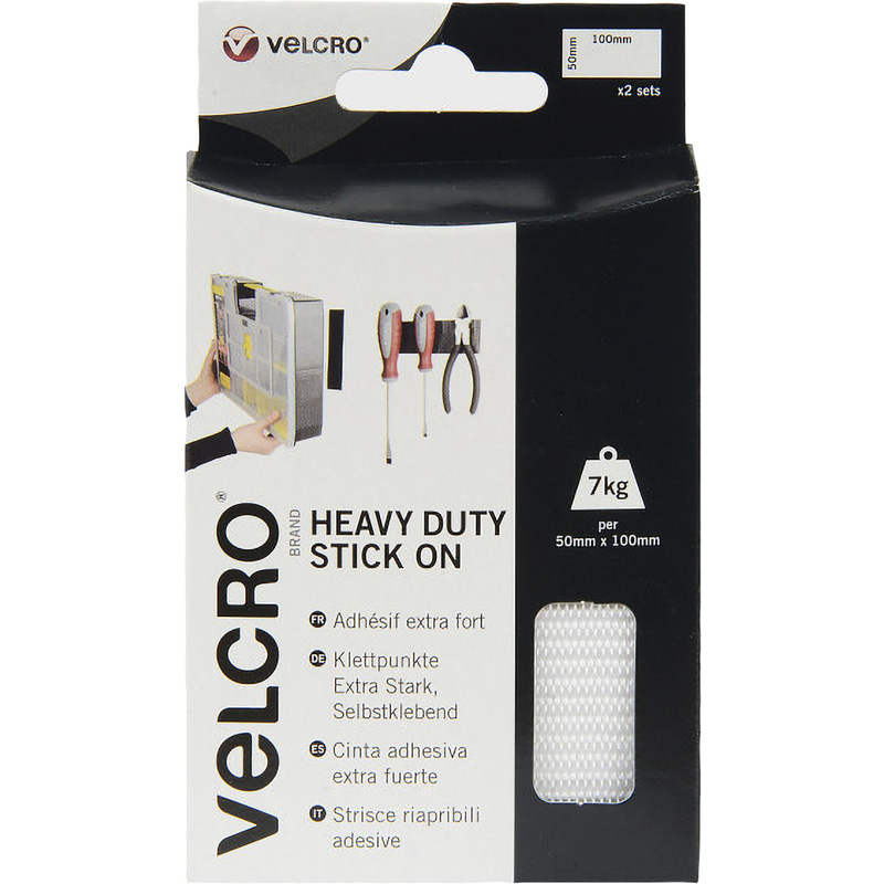 VELCRO® Brand Heavy Duty Stick On Strips 50mm x 100mm x 2 Sets White