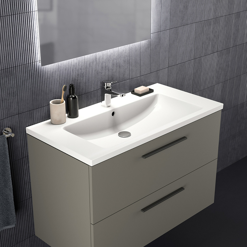 Ideal Standard i.life B Double Drawer Wall Hung Unit with Basin Matt Quartz Grey 1000mm with Matt Black Handles