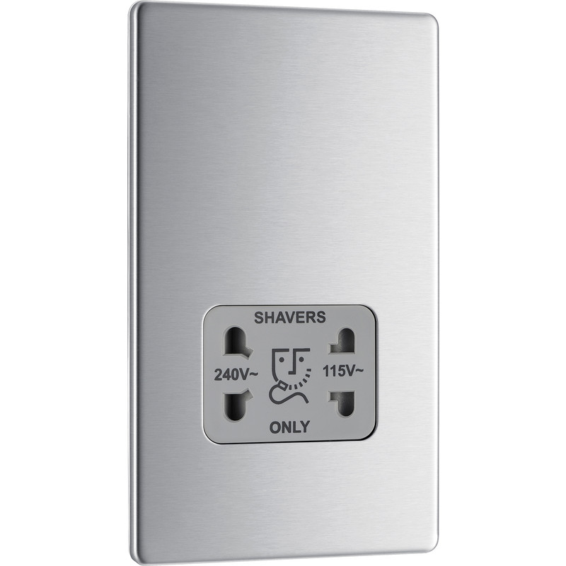BG Screwless Flat Plate Brushed Stainless Steel Shaver Socket Dual Voltage 115/230V