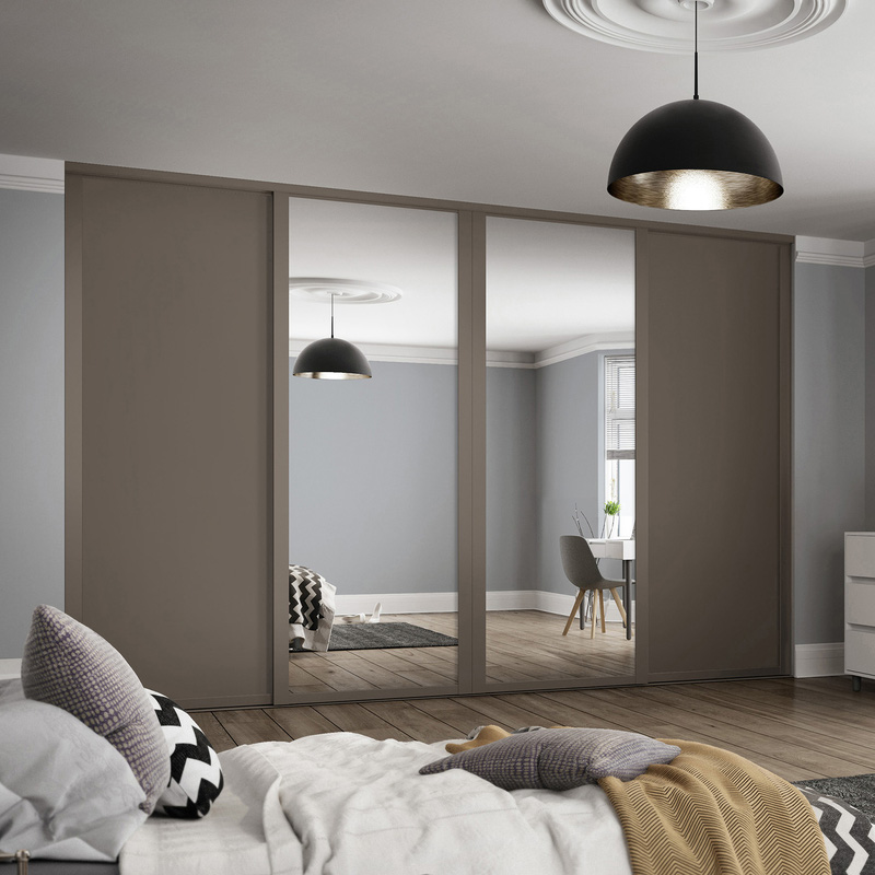 Spacepro Shaker 4 Door Sliding Wardrobe Kit Stone Grey and Mirror 2898 x 2260mm