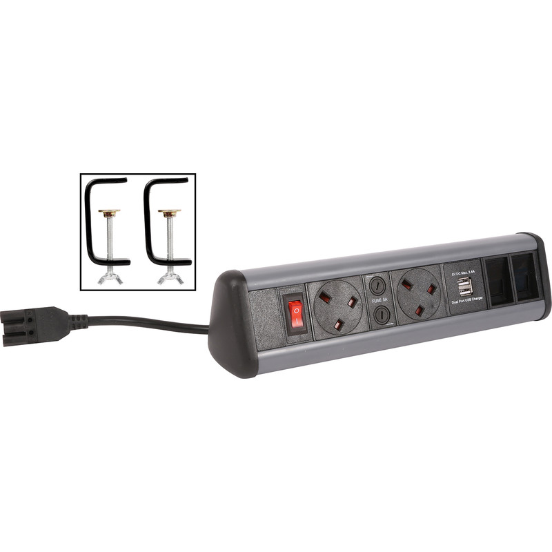 Desktop Power Outlet 2 x Sockets + 2 x CAT6 Couplers + 2 x USB