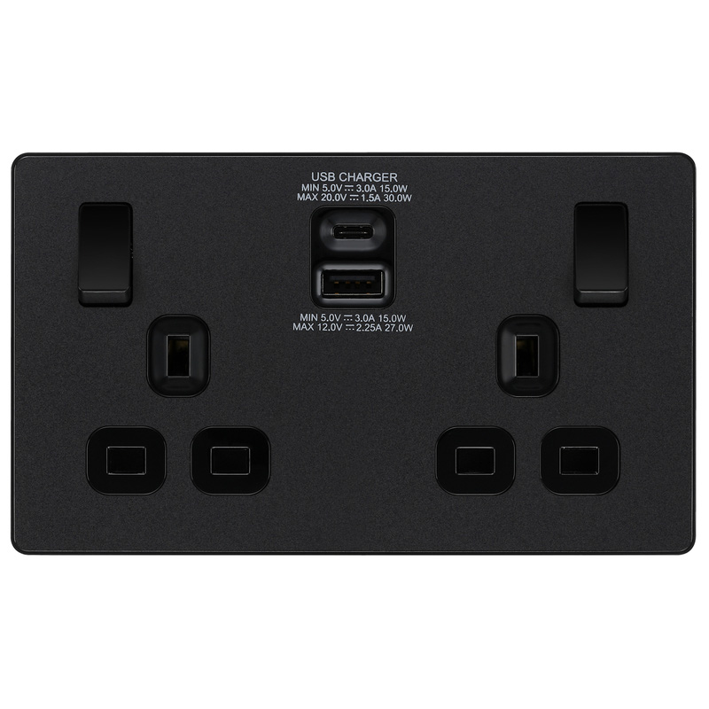 BG Evolve Matt Black (Black Ins) Double Switched 13A Power Socket + Usb C 30W + Usba (2.1A)