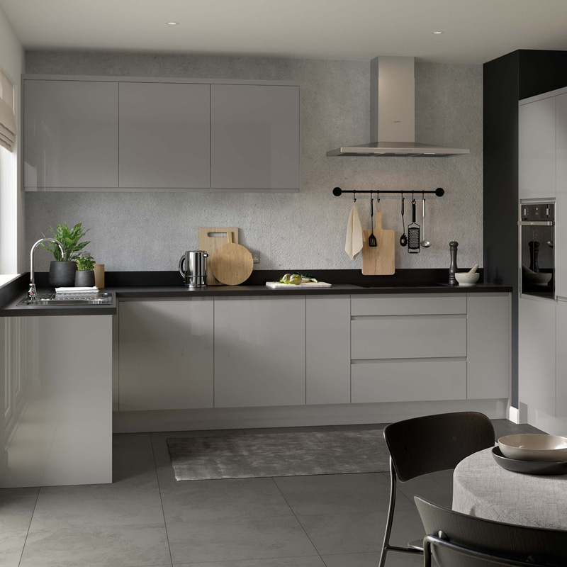 Kitchen Kit Ready Made J-Pull Kitchen Cabinet Pull Out Base Blind Corner Unit Super Gloss Dust Grey 1000mm Left Hand