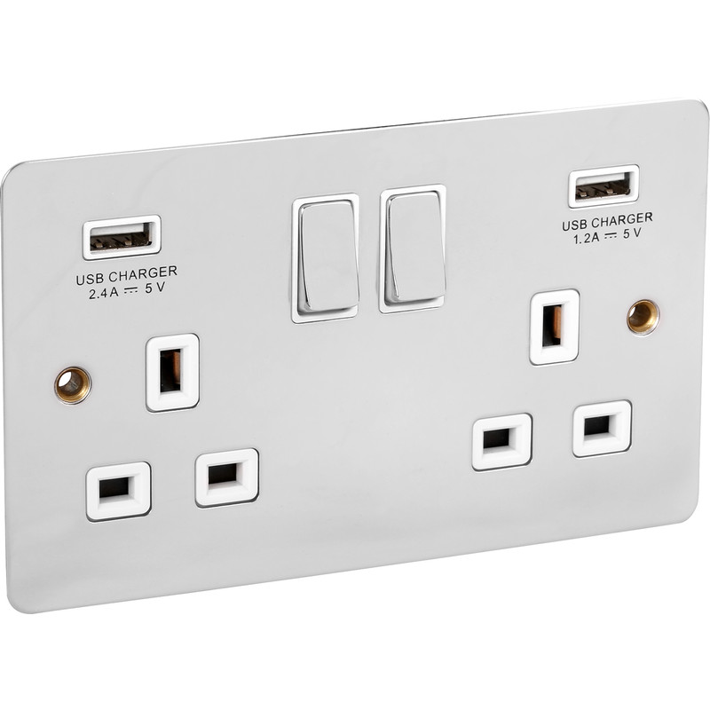 Flat Polished Chrome USB Switched Socket 13A 2 Gang + 2 USB