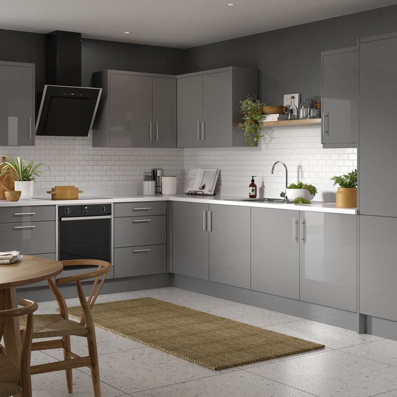 Kitchen Kit Flatpack Slab Kitchen Cabinet Tall Larder Unit Super Gloss Dust Grey 600mm