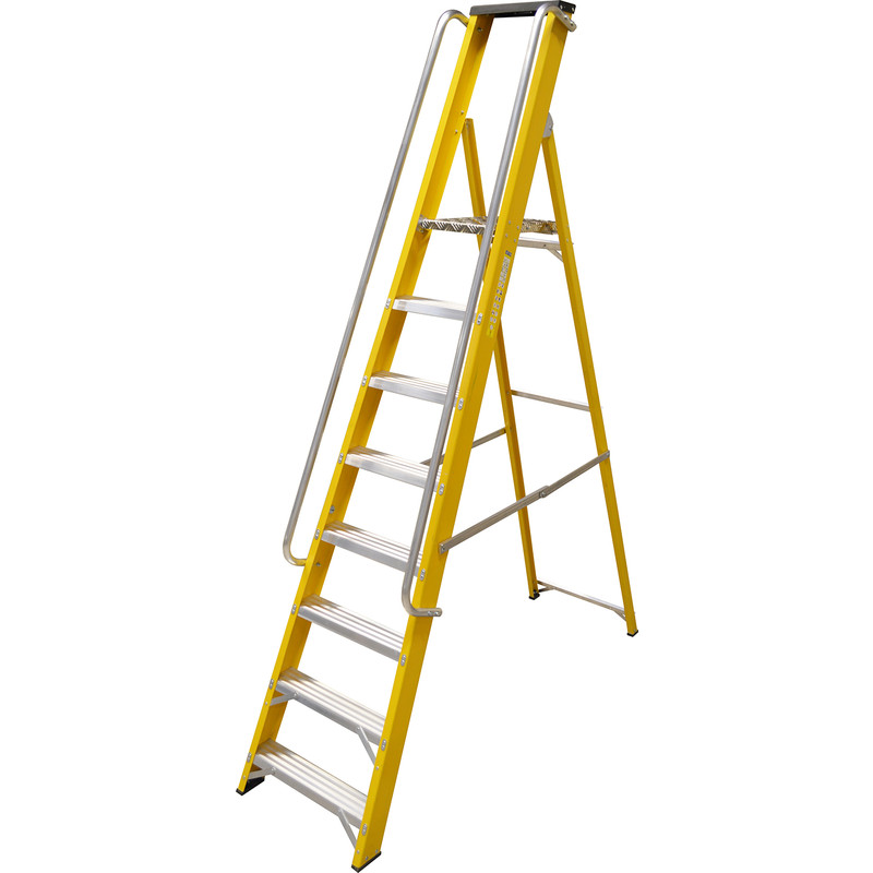 Lyte Heavy Duty Fibreglass Platform Step Ladder With Safety Handrail 8 Tread, Closed Length 2.51m