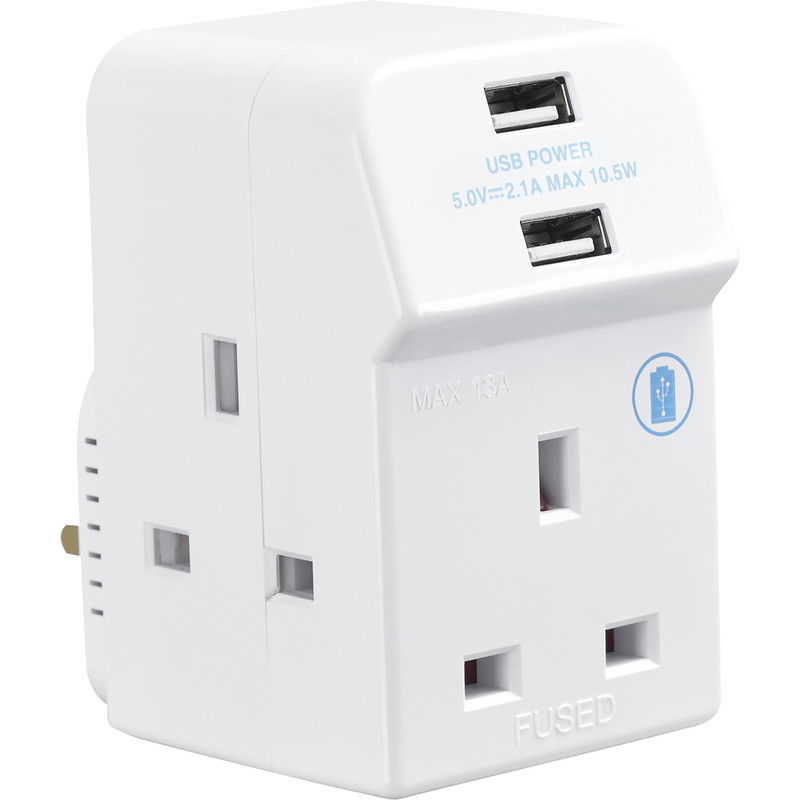 3 Socket 13A Multisocket Adapter 2 x 2.1A USB