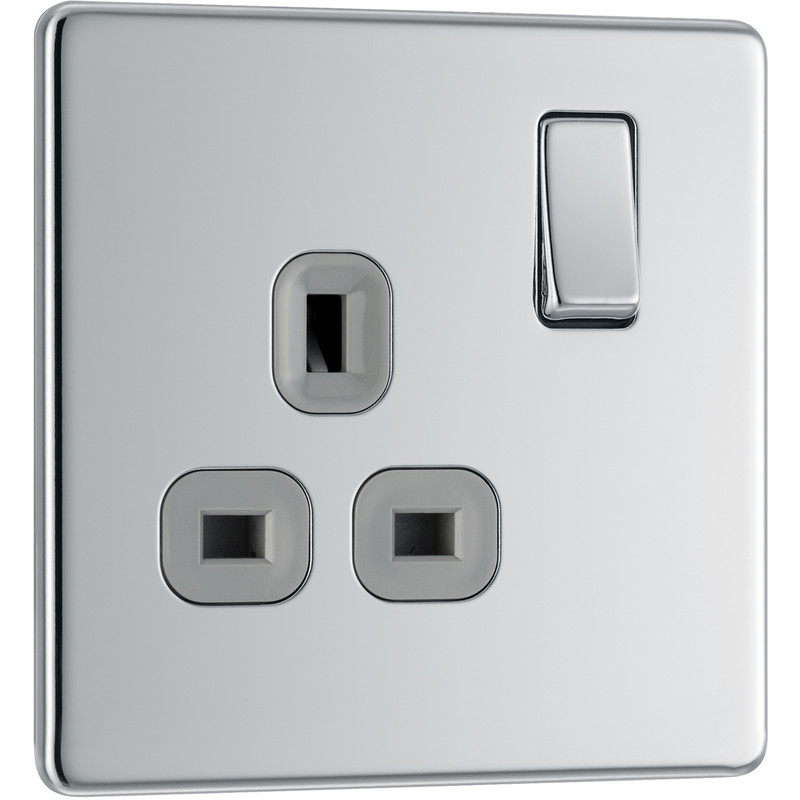 BG Screwless Flat Plate Polished Chrome 13A DP Switched Socket 1 Gang