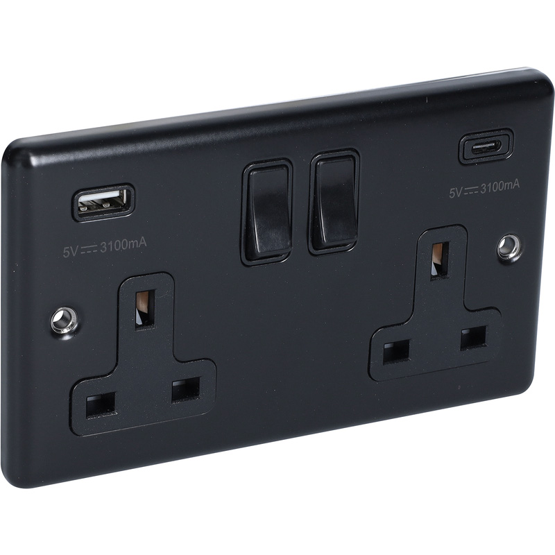 Wessex Matt Black USB A & C Type Switched Socket 2 Gang 3.1A