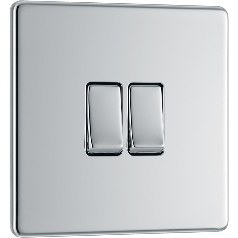 BG Screwless Flat Plate Polished Chrome 10AX Light Switch 2 Gang 2 Way