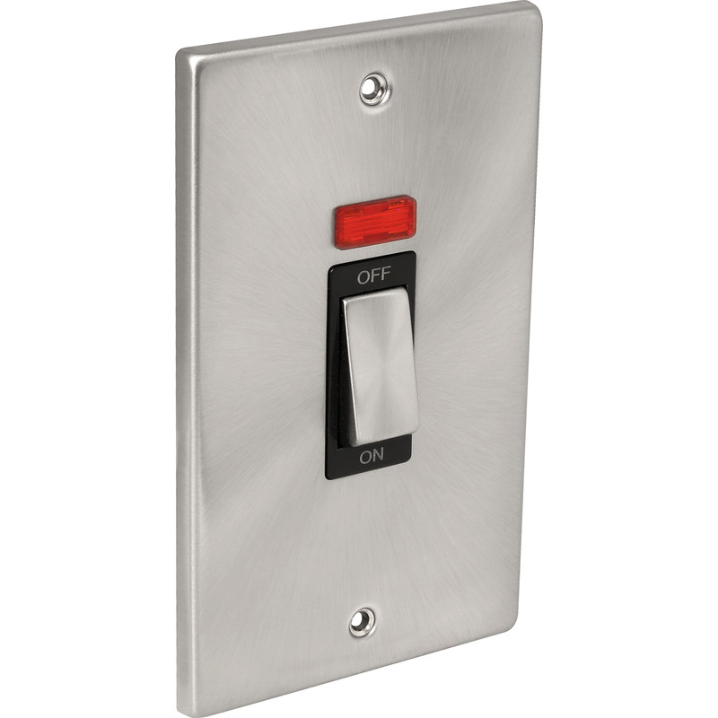 Click Deco Satin Chrome 45A DP Switch 2 Gang Upright Neon