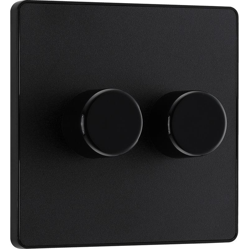 BG Evolve Matt Black (Black Ins) Trailing Edge Led 200W Double Dimmer Switch, 2-Way Push On/Off