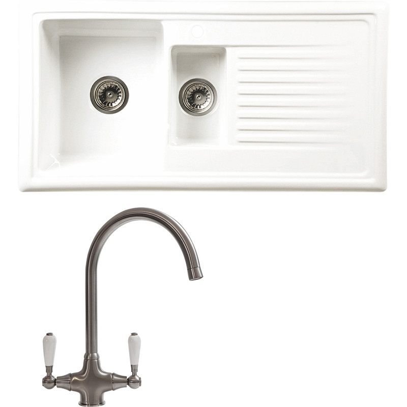 Reginox Reversible Ceramic Kitchen Sink & Drainer 1.5 Bowl White with Brushed Nickel Tap