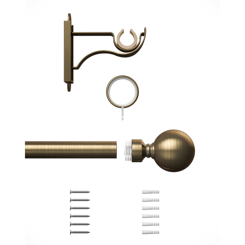 Rothley Curtain Pole Kit with Solid Orb Finials & Rings Antique Brass 25mm x 1829mm