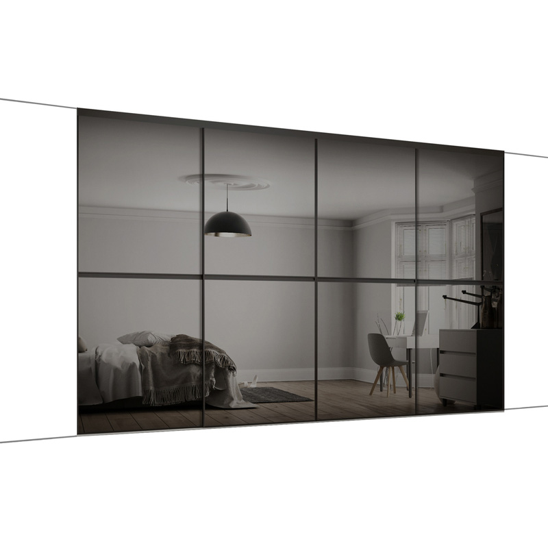 Spacepro Minimalist 4 Door Sliding Wardrobe Kit Black Framed Grey Mirror Doors 3616 x 2260mm