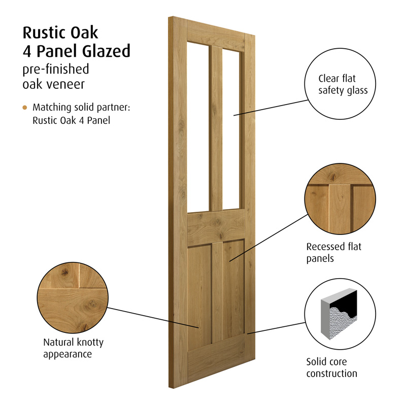 Rustic Oak 4 Panel Glazed Internal Door Pre-Finished 35 x 1981 x 762mm