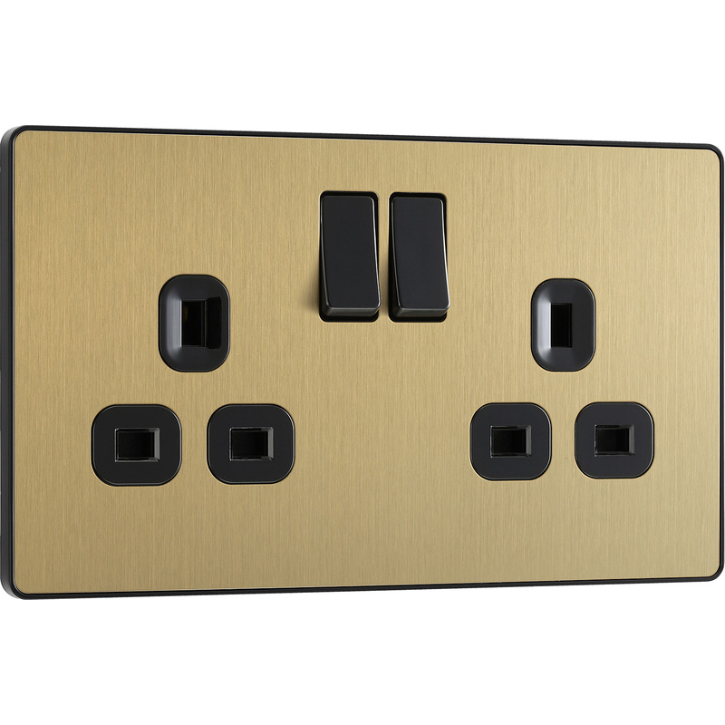 BG Evolve Brushed Brass (Black Ins) Double Switched 13A Power Socket