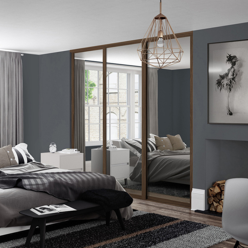 Spacepro Shaker 3 Door Sliding Wardrobe Kit Walnut Framed Mirror 1680 x 2260mm