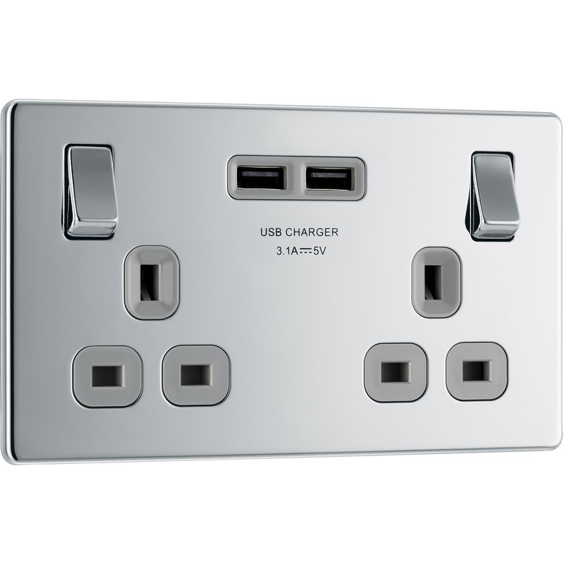 BG Screwless Flat Plate Polished Chrome 13A SP USB Switched Socket 2 Gang