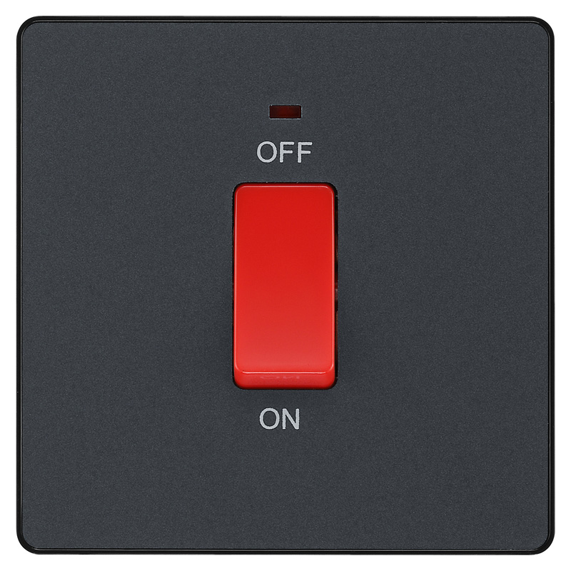 BG Evolve Matt Grey (Black Ins) 45A Square Switch, Double Pole With Led Power Indicator