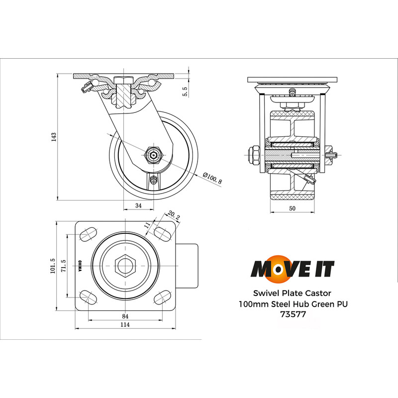 Green Mould-On Poly Steel Hub Swivel 100mm