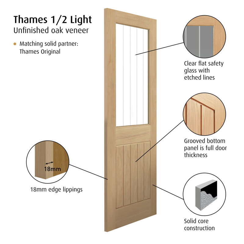 Thames 1/2 Light Oak Glazed Internal Door Unfinished 35 x 1981 x 838mm