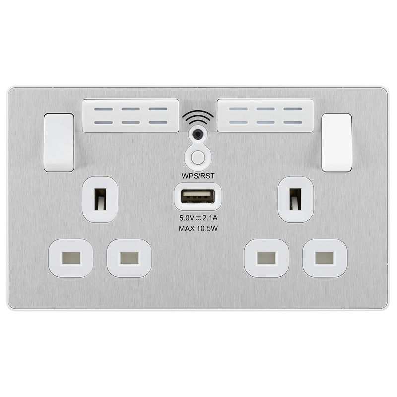 BG Evolve Brushed Steel (White Ins) Wifi Extender Double Switched 13A Power Socket + 1X Usb (2.1A)