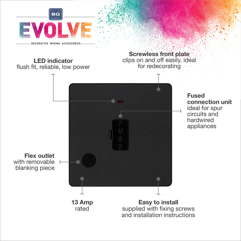 BG Evolve Matt Black (Black Ins) Unswitched 13A Fused Connection Unit With Power Led Indicator, And Flex Outlet