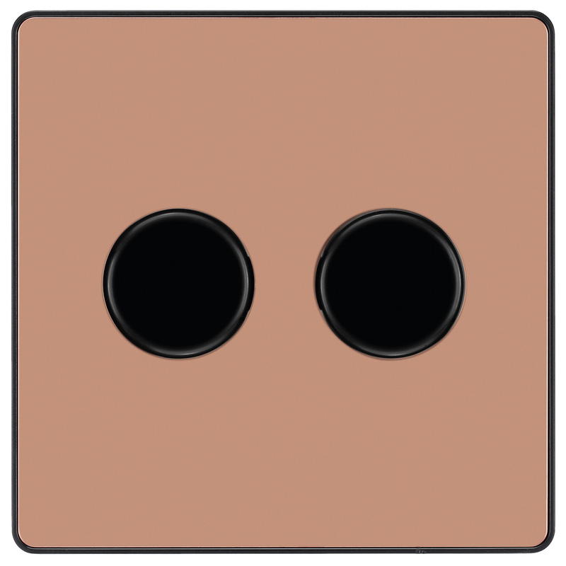 BG Evolve Polished Copper (Black Ins) Trailing Edge Led 200W Double Dimmer Switch, 2-Way Push On/Off