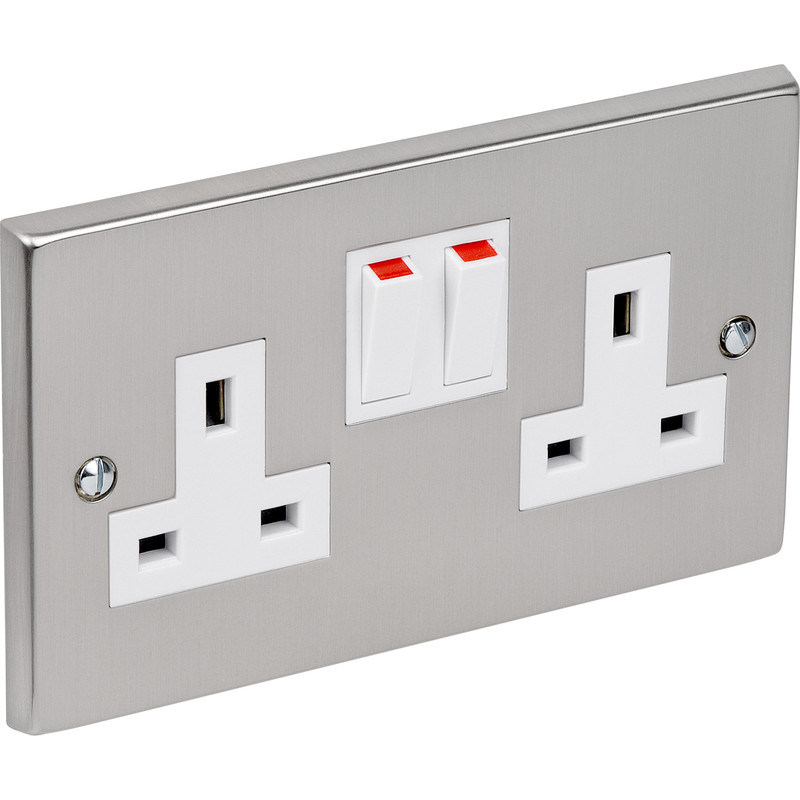 Satin Chrome / White Switched Socket 2 Gang