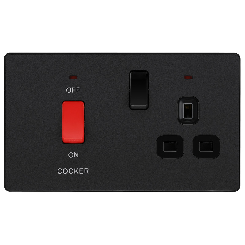 BG Evolve Matt Black (Black Ins) Cooker Control Socket, Double Pole Switch With Led Power Indicators