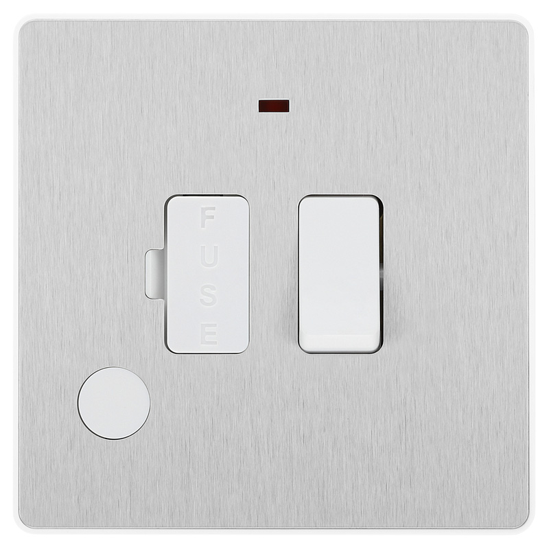 BG Evolve Brushed Steel (White Ins) Switched 13A Fused Connection Unit With Power Led Indicator, And Flex Outlet