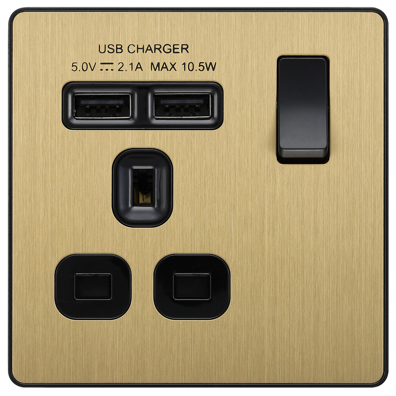 BG Evolve Brushed Brass (Black Ins) Single Switched 13A Power Socket + 2 X Usb (2.1A)