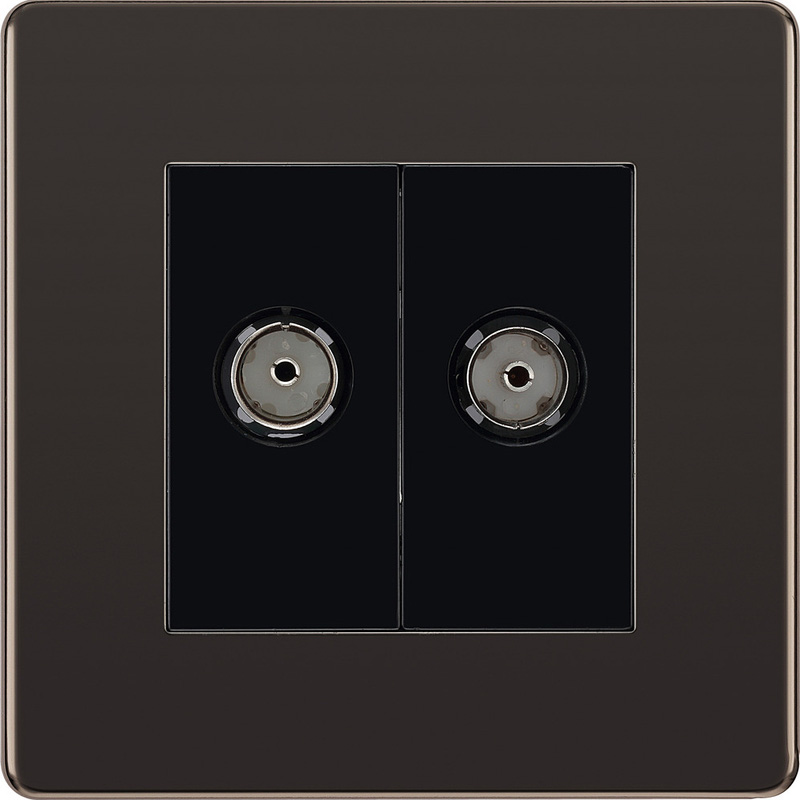 BG Screwless Flat Plate Black Nickel TV / Coaxial Sockets 2 Gang Coaxial