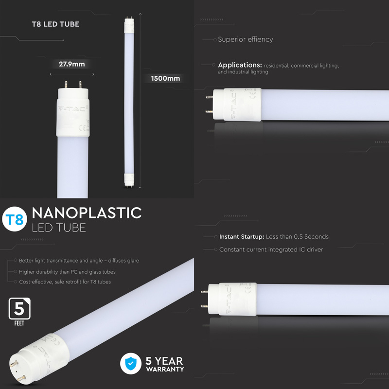 V-TAC T8 Nano Plastic LED Tube 20W 1500mm 2100lm 6500K