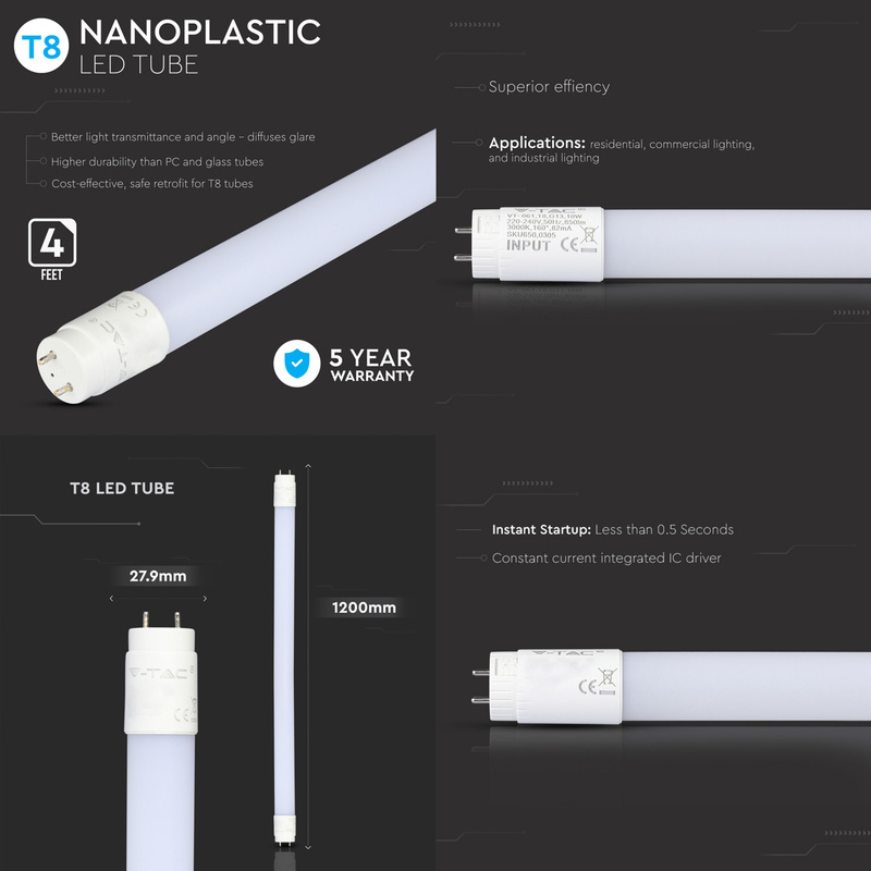 V-TAC T8 Nano Plastic LED Tube 18W 1200mm 1850lm 6500K