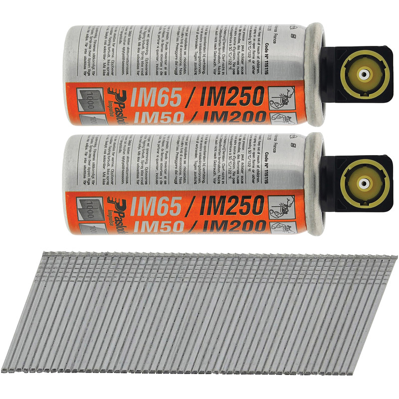 Paslode IM65A F16 Angled Brad Nails & 2 Fuel Cells 16 x 32mm Galv