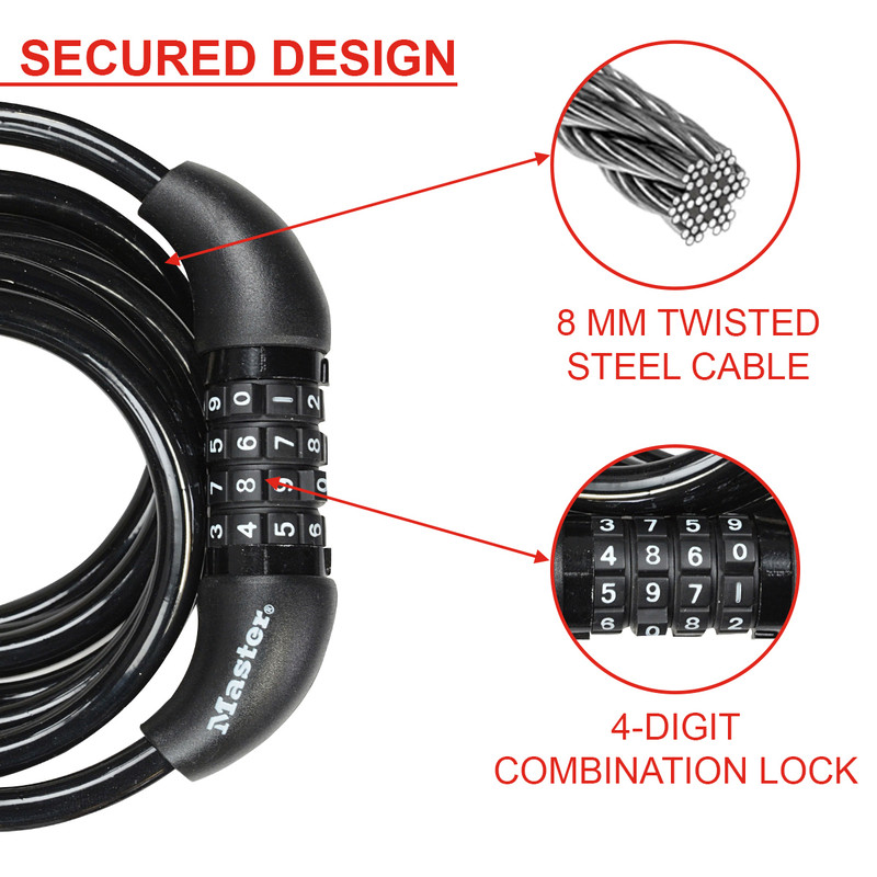 Master Lock Self Coiling Cable Lock Combination 8 x 1800mm