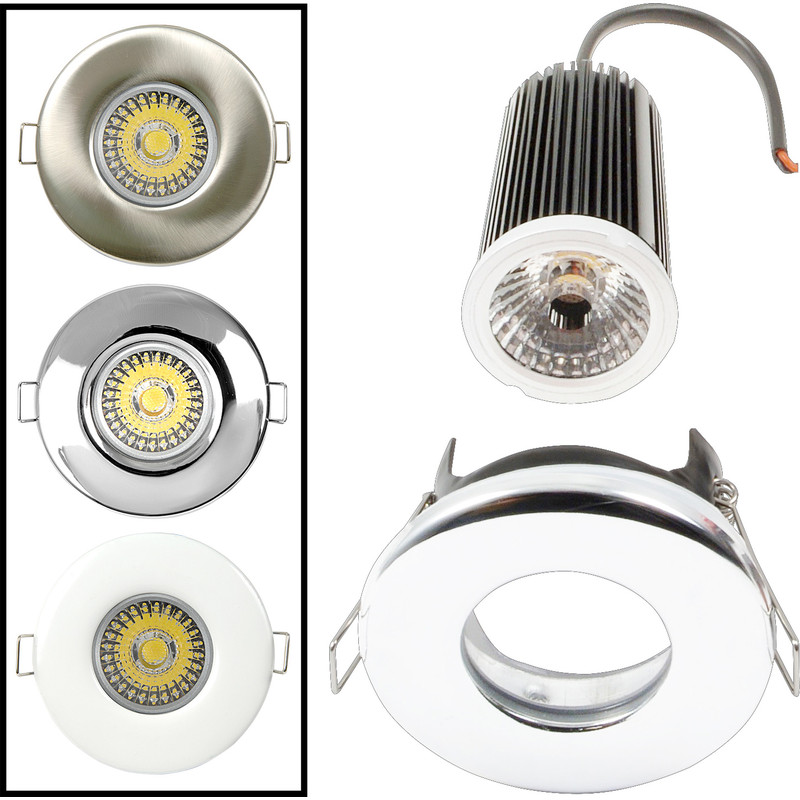 LED 9W Dimmable Fire Rated Downlight IP65 Satin Chrome 520lm 3000K Warm White