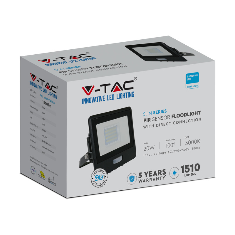V-TAC IP65 LED PIR Sensor Floodlight with Samsung Chip 20W Black 1510lm Warm White