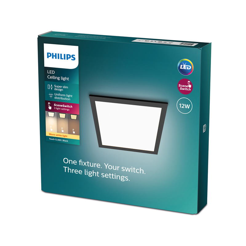 Philips CL560 Super Slim Square Panel Ceiling Light 300x300mm Black 12W 1200lm Warm White